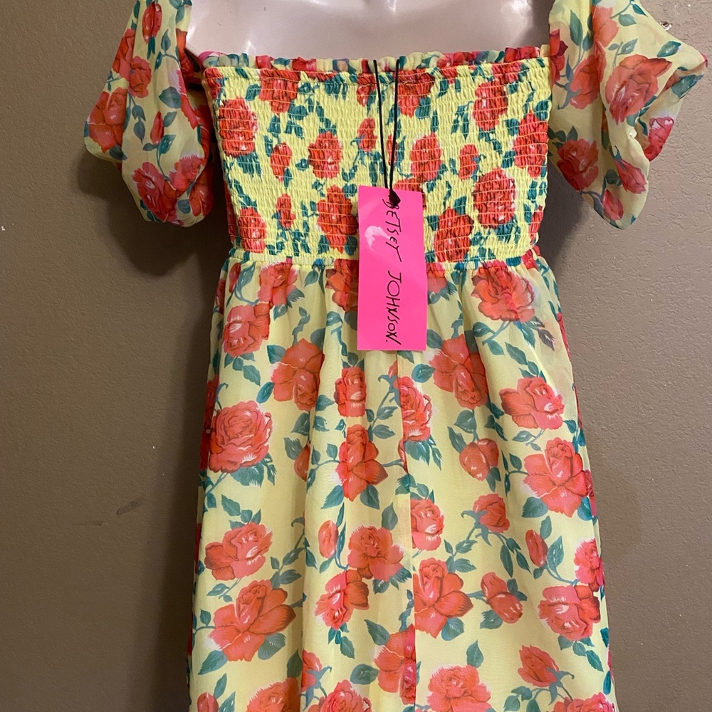 Betsy Johnson Size M Off Shoulder Puffy Sleeve Yellow Floral Lined Dress - Picture 8 of 13